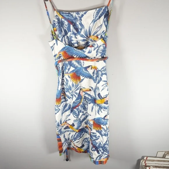 Farm Rio tropical parrot bird safari flying toucans open back dress womans small - Picture 6 of 8